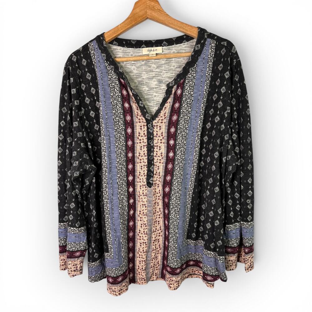 Style & Co. Womens Bohemian Print Long Sleeve Henley Shirt Size 3X Patchwork